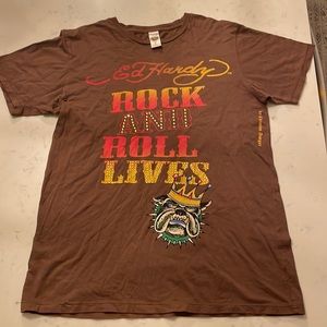Brown Ed Hardey rock and roll lives shirt with bulldog image